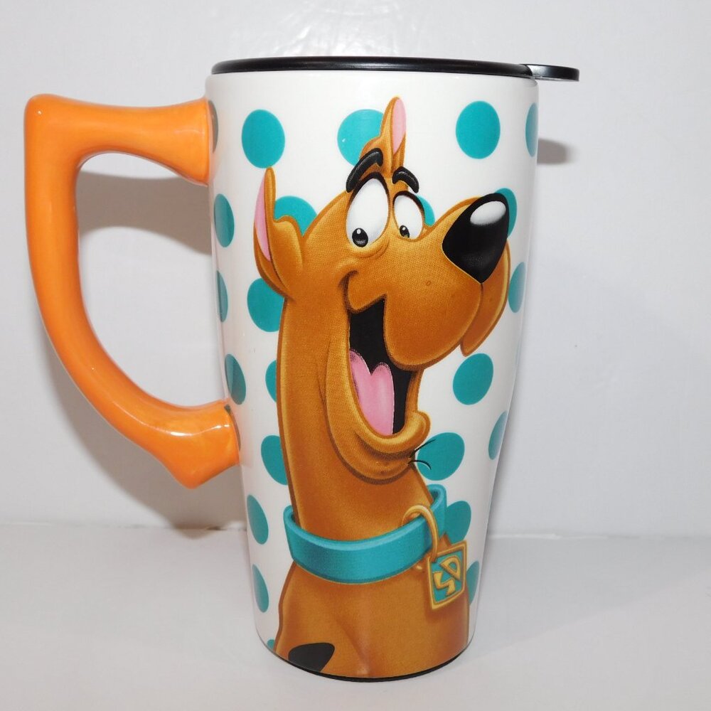 Scooby Doo Teal White Polka Dot Ceramic Travel Mug Tumbler 18 oz Hot Cold Coffee - Picture 3 of 6